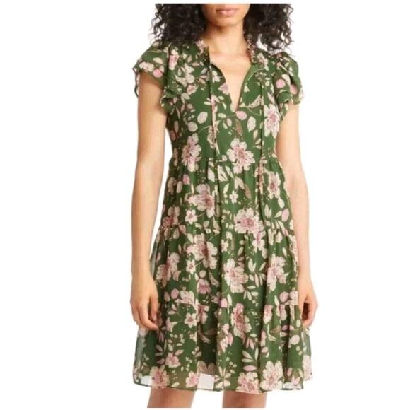 Eliza J Green Floral Tiered Girly Flowy Knee Length Swing Dress Size 8 - Picture 1 of 12